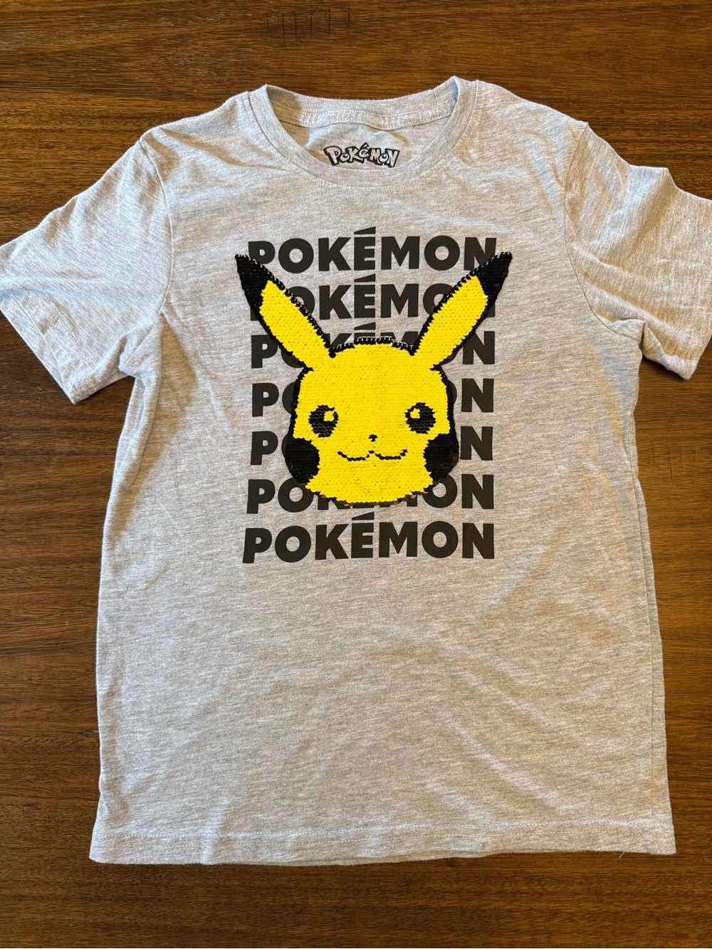 Youth Pokemon Pikachu Sequin Tee - Gray & Yellow Size M (8/10)